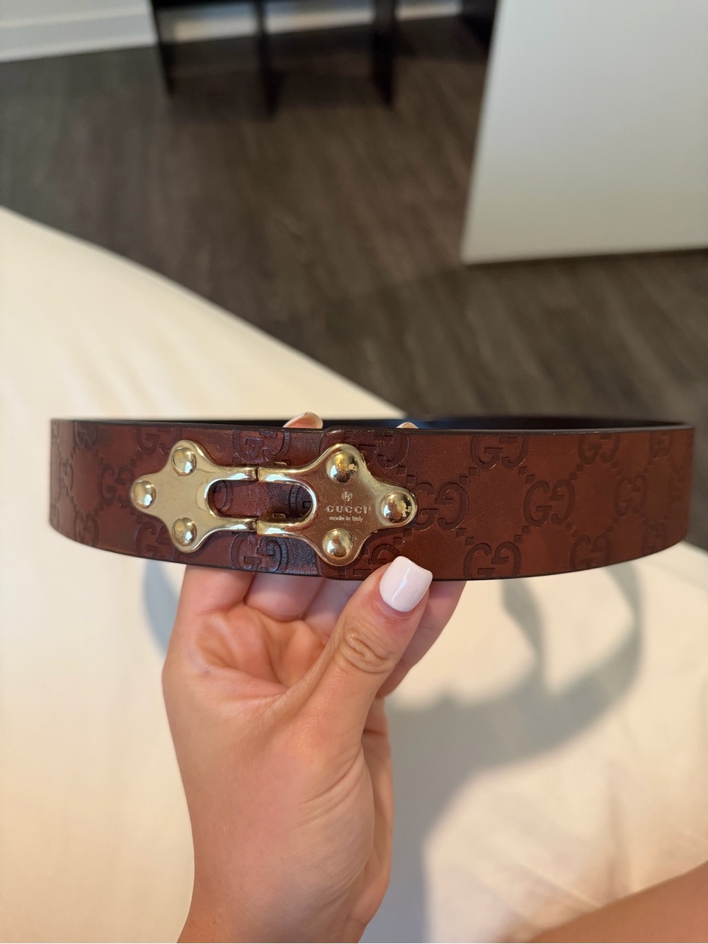 Gucci Brown GG Embossed Leather Belt with Gold Hardware